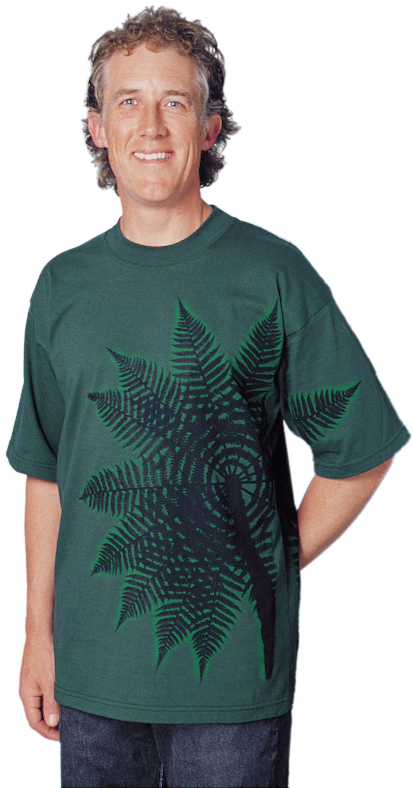 ‘Treefern New Zealand’ T-shirt, two colour print on dark green fabric.