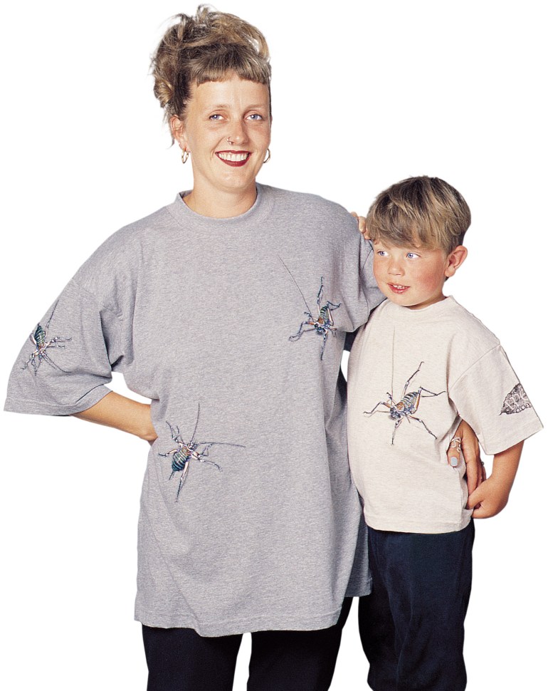 ‘Weta - New Zealand’ T-shirt, adults and kids, on oatmeal and grey marle fabric.