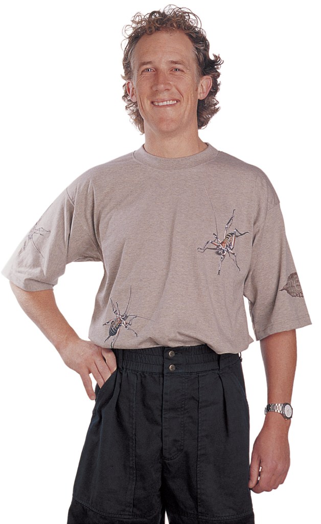 ‘Weta - New Zealand’ six colour print T-shirt on light brown marle fabric. Placement; Six colour print as piecework, front, back and sleeve.