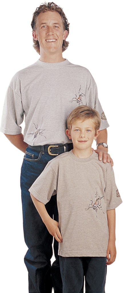 ‘Weta - New Zealand’ T-shirt, adults and kids, on oatmeal and grey marle fabric.