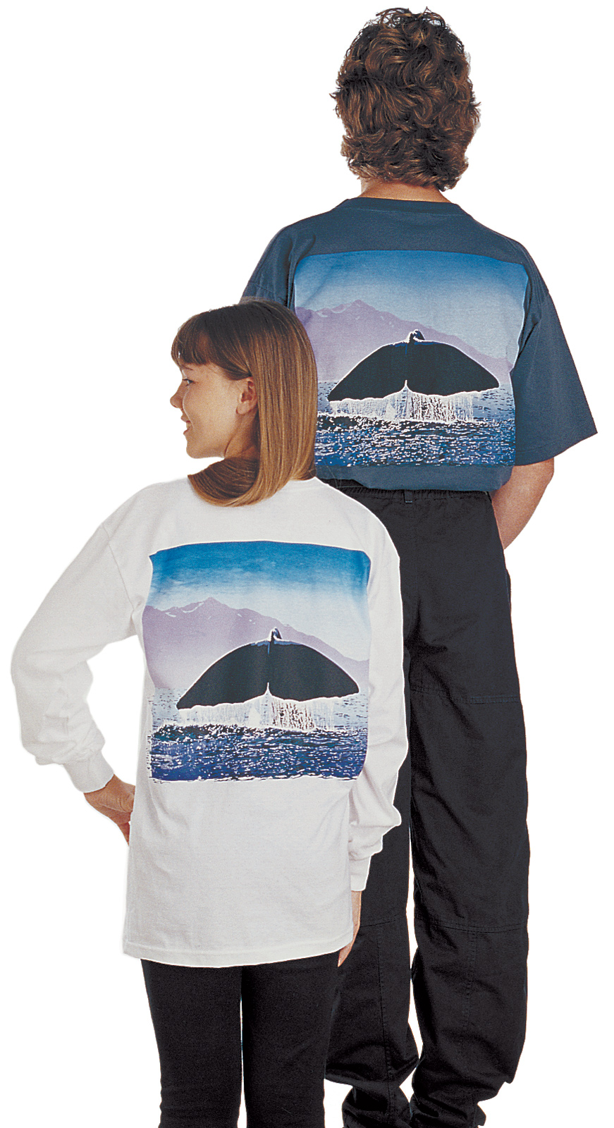 ‘Sperm Whale - Kaikoura New Zealand’ T-shirt, five colour print on white or dark blue-green fabric.