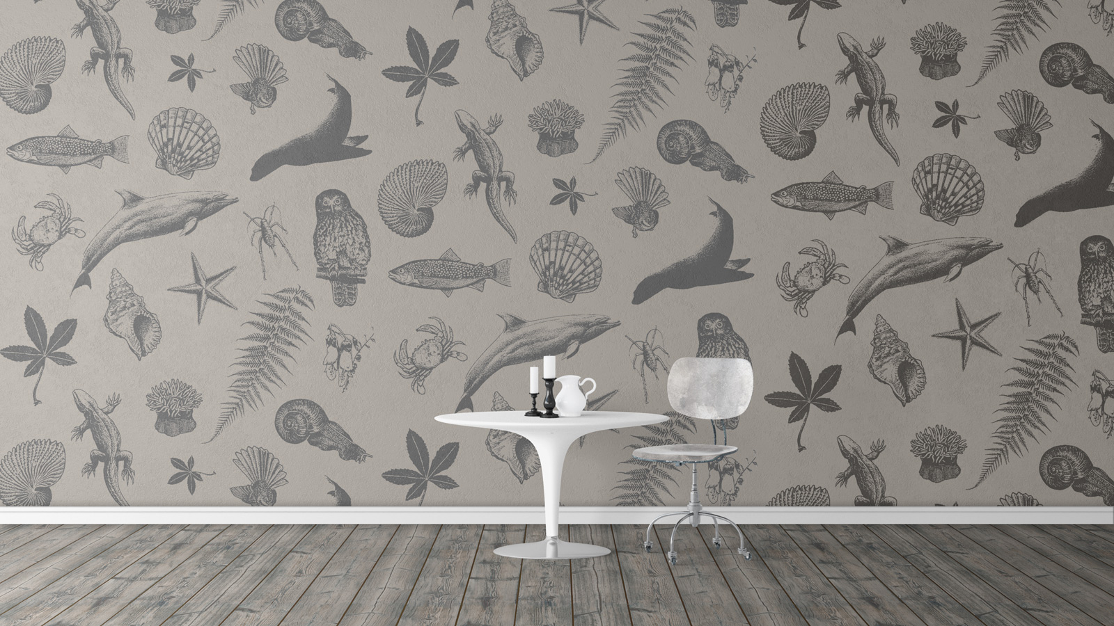Surface Active wildlife collage design fabric print as wallpaper.