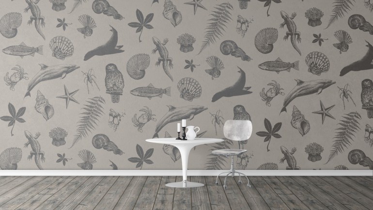 Surface Active wildlife collage design fabric print as wallpaper.