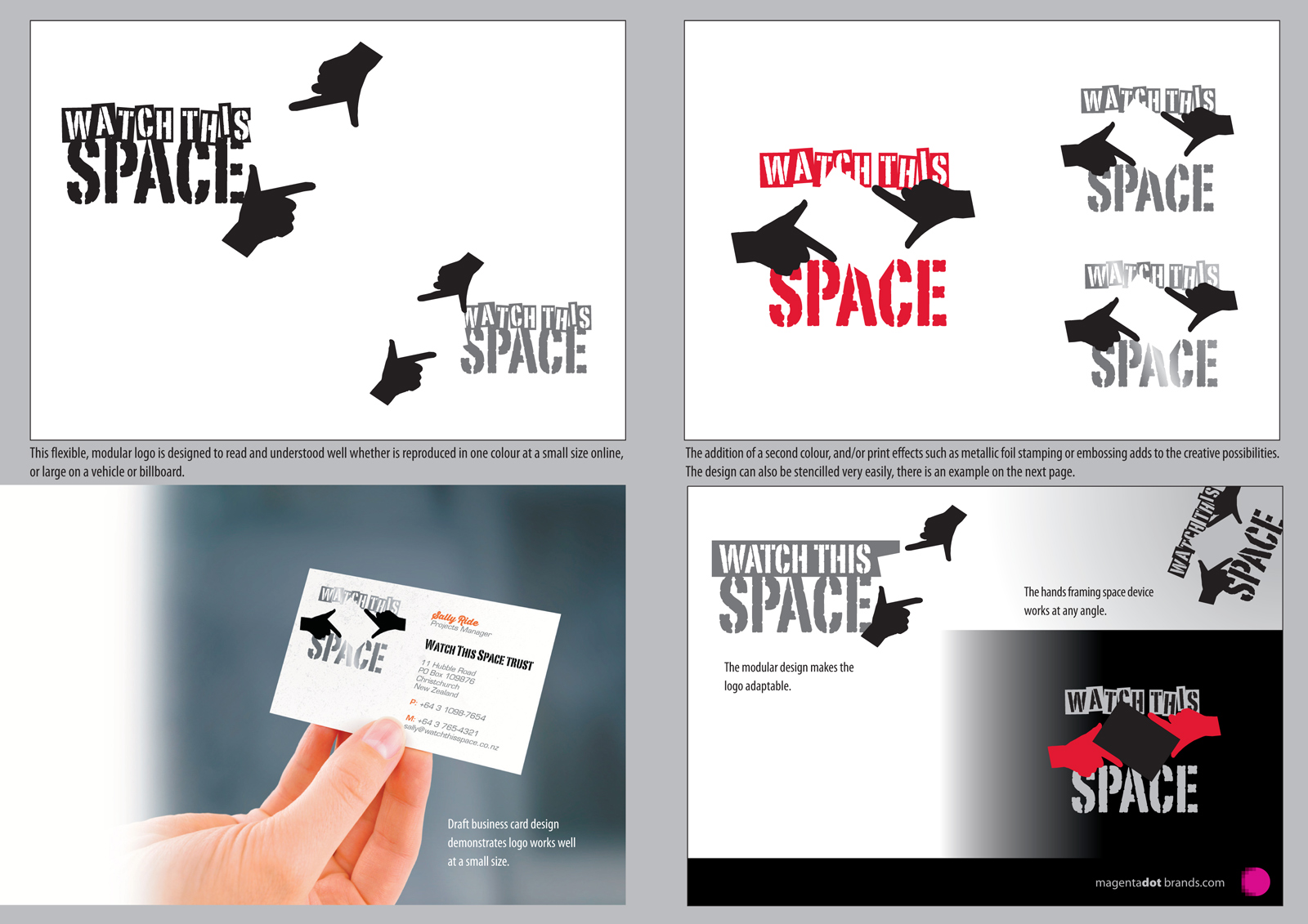 Watch This Space logo presentation document page showing variations of symbol and type combinations.