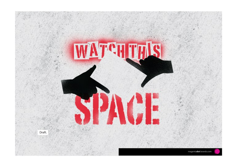 Watch This Space logo presentation document page showing an unslick iteration of the logo graffiti stencil spray bombed onto concrete.