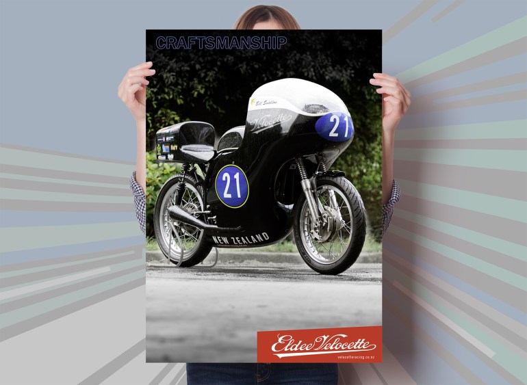 Eldee Velocette, front three-quarter, poster, A2, portrait, Craftsmanship, mock-up