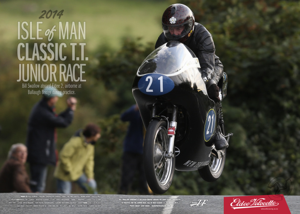 Isle of Man Classic T.T. Junior Race. Bill Swallow aboard Eldee 2, airborne at Ballaugh Bridge during practice, 26 August. A2 Landscape Poster. Photo Credit: Dave Kneen manxphotosonline.com
