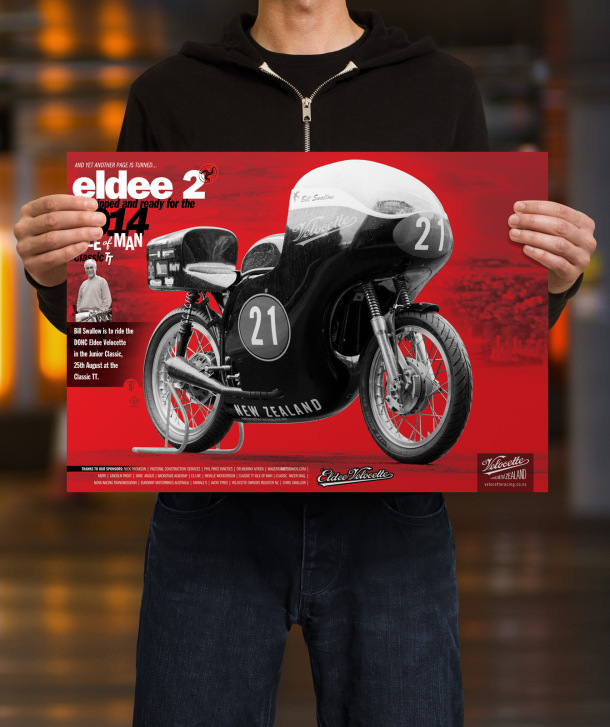 Eldee 2, Velocette, equipped and ready, launch poster, A3, mockup, male holding