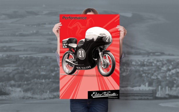 Eldee Velocette, front three-quarter, red, Isle of Man Classic TT, commemorative poster, A2, Performance, portrait, mock-up