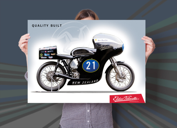 Eldee Velocette, side elevation, poster, A2, landscape, Quality built