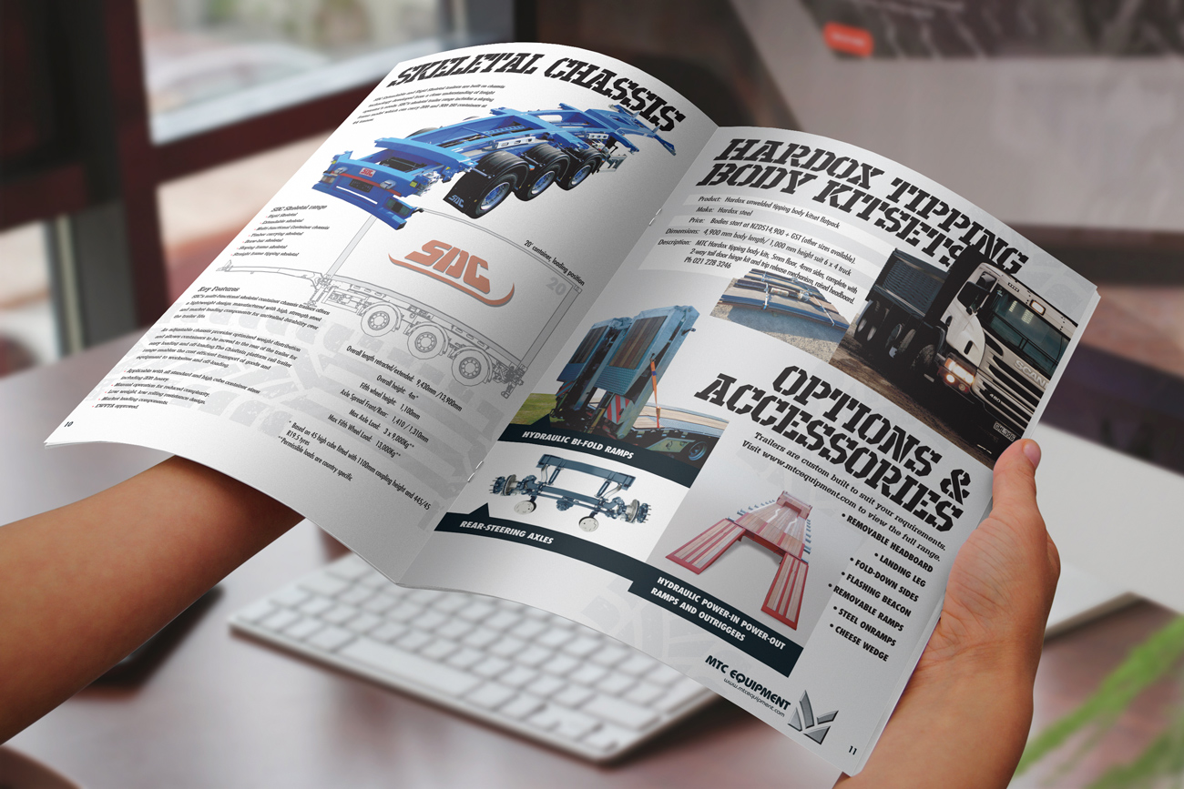 MTC Equipment 2019 Catalogue SDC Skeletal Chassis, Options $ Accessories, Hardox Tipping body kitsets spread.