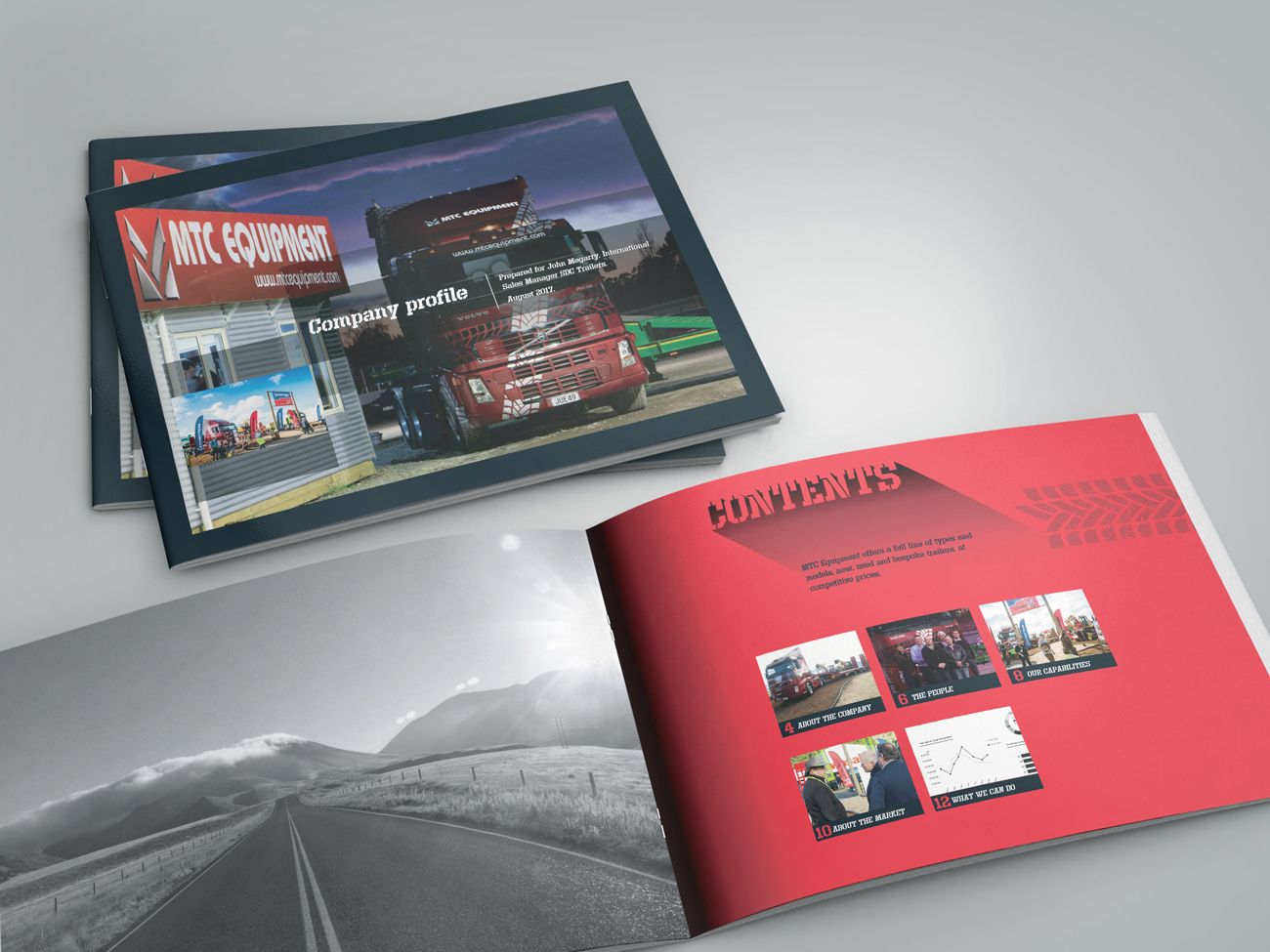 MTC Equipment company profile document front cover and inside cover spread.