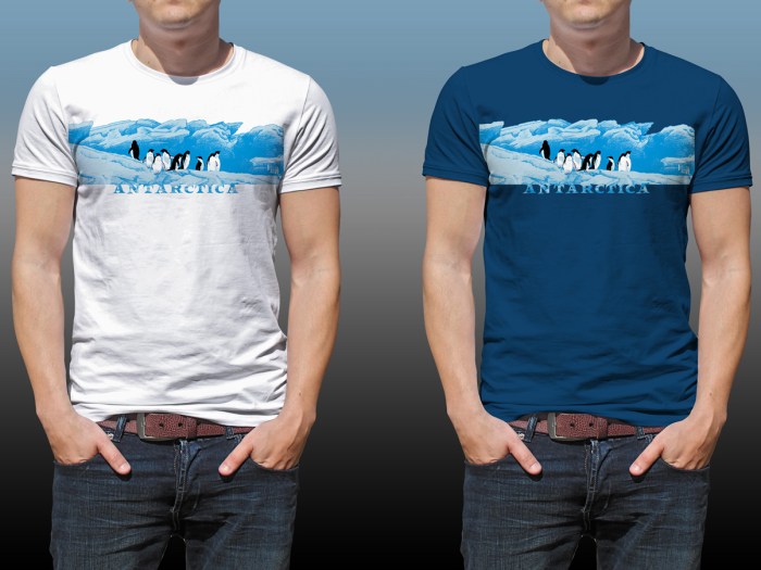 Antarctic Centre Adelies on ice Antarctica design on a white and a dark blue T-shirt