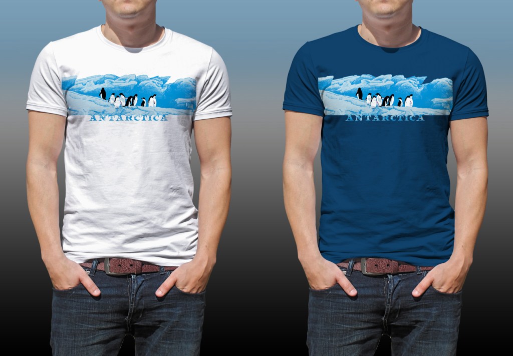 Antarctic Centre Adelies on ice Antarctica design on a white and a dark blue T-shirt