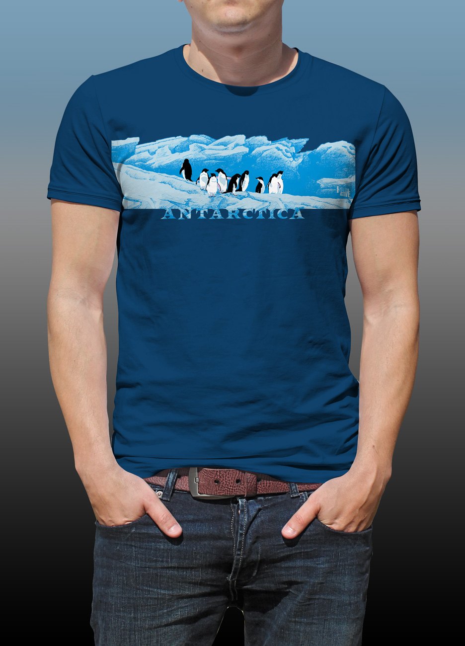 Antarctic Centre Adelies on ice Antarctica design on a dark blue T-shirt
