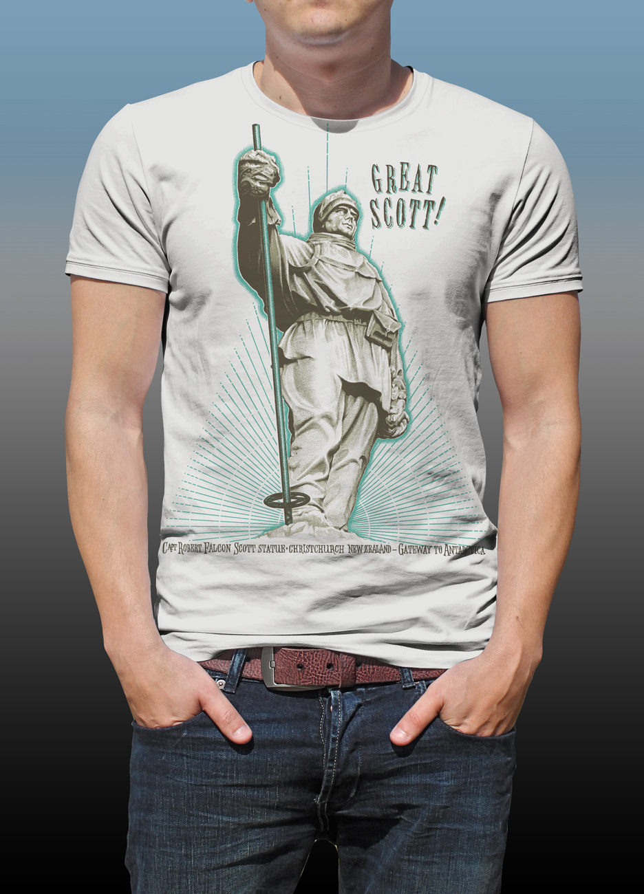 Front Antarctic Centre “Great Scott!” design hand screenprint on a natural cotton T-shirt