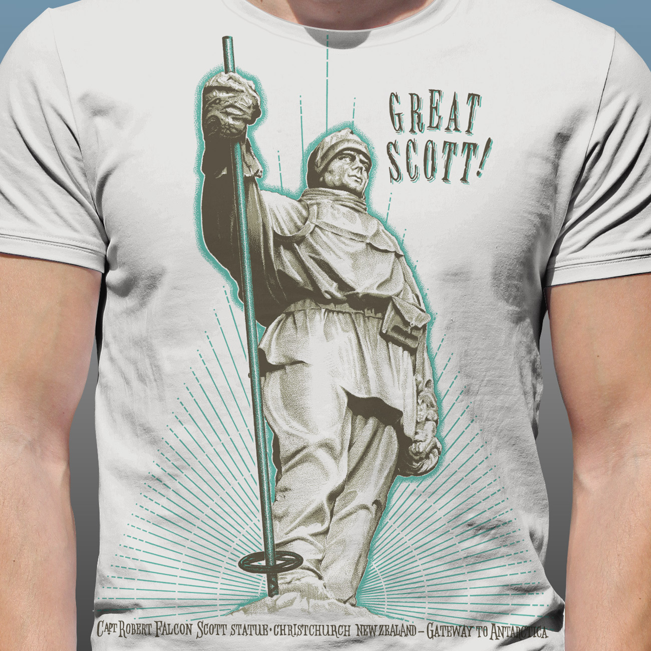 Detail of front print Antarctic Centre “Great Scott!” design hand screenprinted on a natural cotton T-shirt