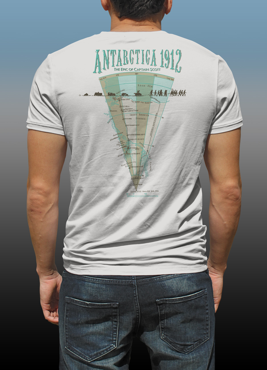 Back map of Antarctic Centre “Great Scott!” design hand screenprinted on a natural cotton T-shirt