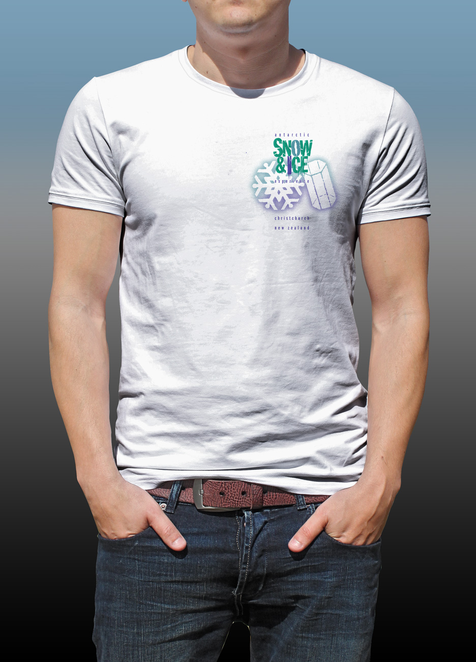 Front of Antarctic Centre Snow & Ice experience design on a white T-shirt