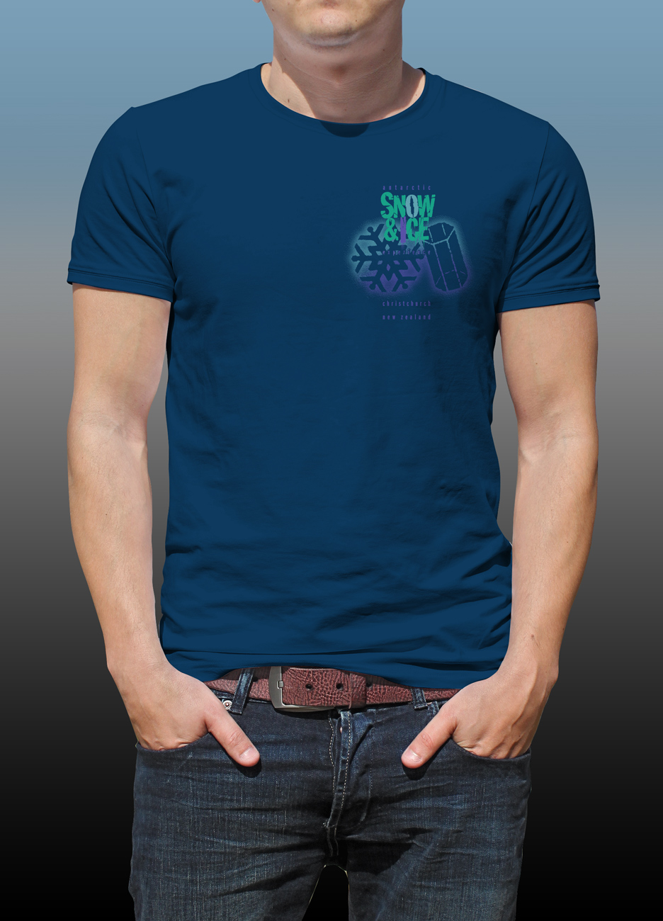 Front of Antarctic Centre Snow & Ice experience design on a dark blue T-shirt