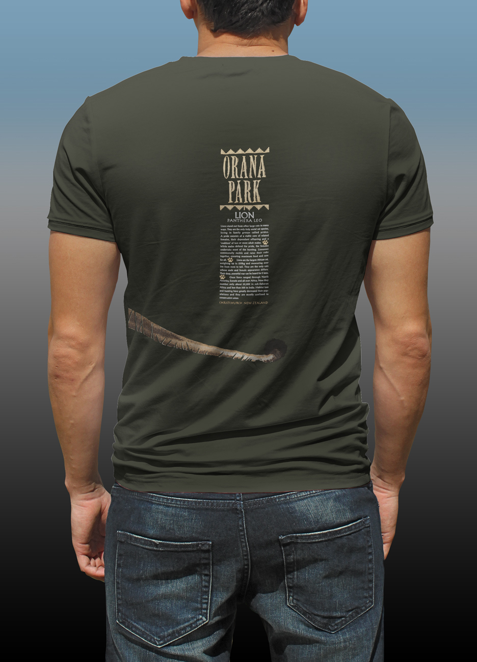Orana Park Lion complementary screen print on back of a dark green T-shirt