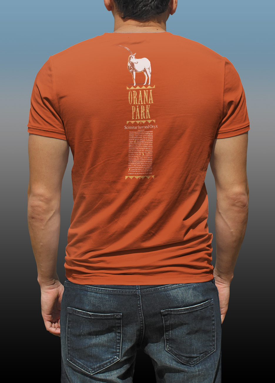 Orana Park Scimitar horned Oryx complementary screen print on back of a burnt orange T-shirt