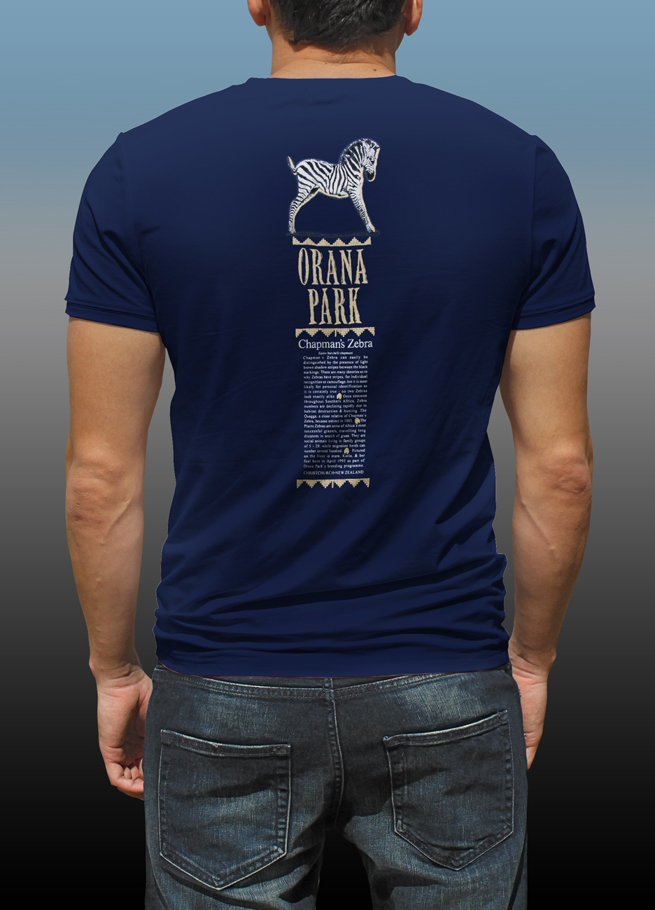 Orana Park Chapman’s Zebra complementary screen print on back of a navy T-shirt
