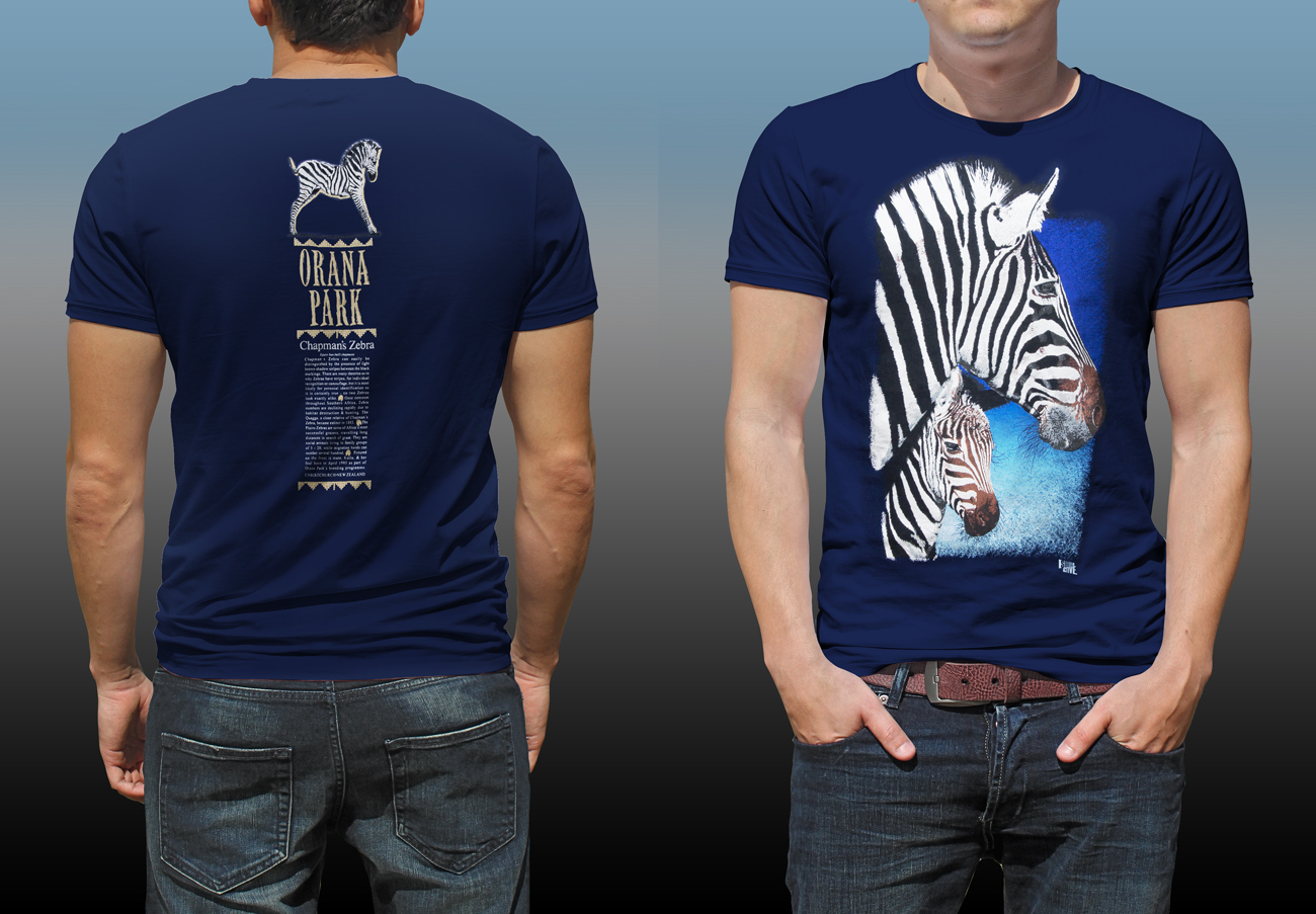 Orana Park Chapman’s Zebra screen prints on front and back of a navy T-shirt