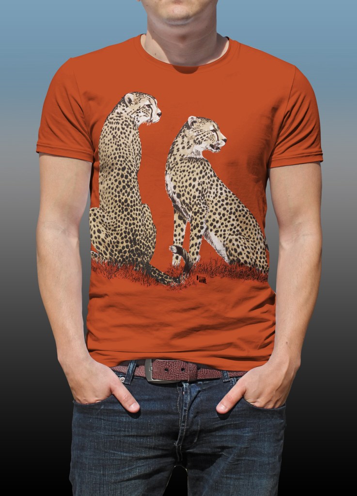 Orana Park Cheetah screen print on a burnt orange T-shirt