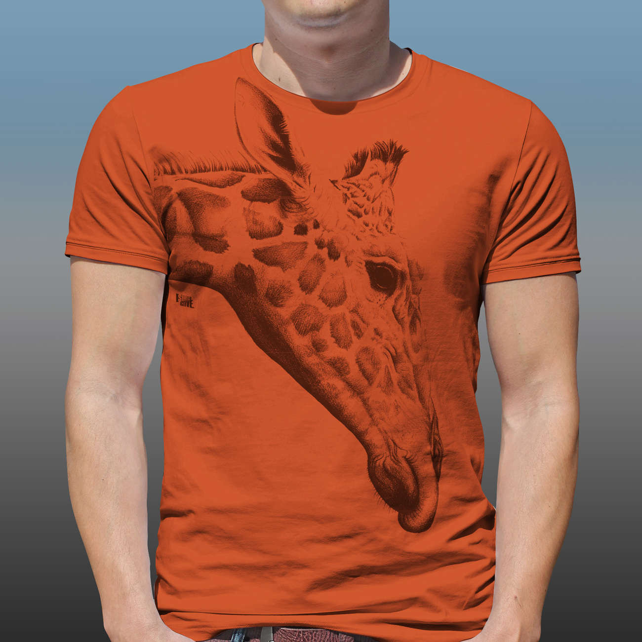 Detail of Orana Park Rothschild’s Giraffe mono colour screen print on a burnt orange T-shirt