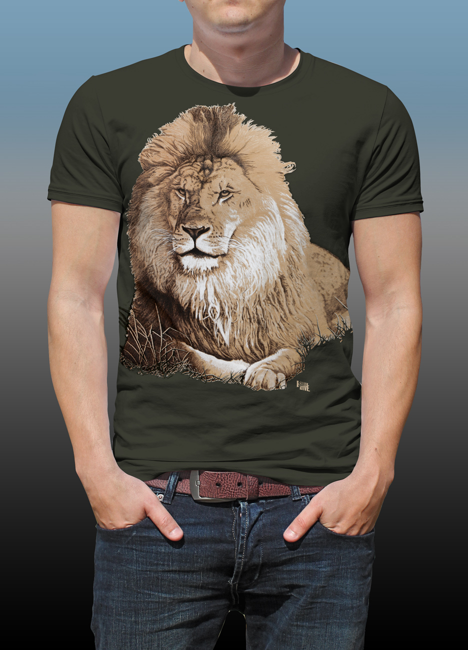 Orana Park Lion screen print on a dark green T-shirt