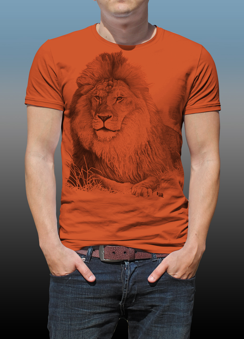 Detail of Orana Park Lion mono colour screen print on a burnt orange T-shirt