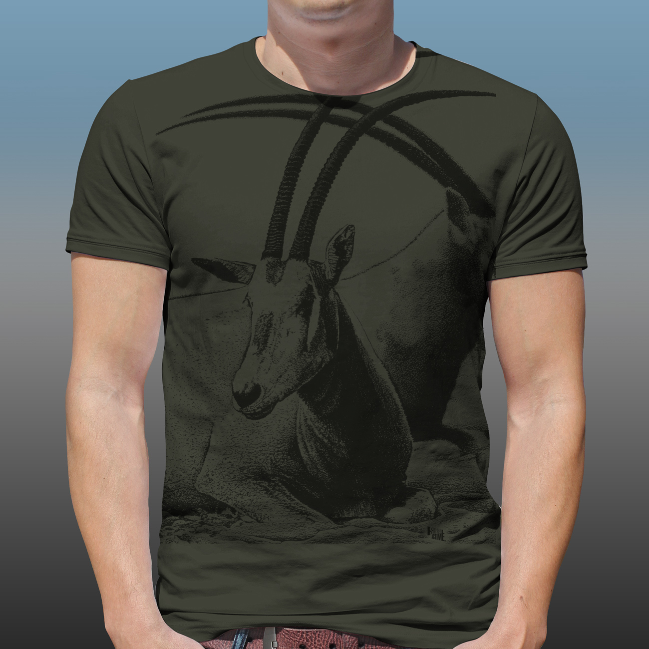 Detail of Orana Park Scimitar horned Oryx mono colour screen print on a dark green T-shirt