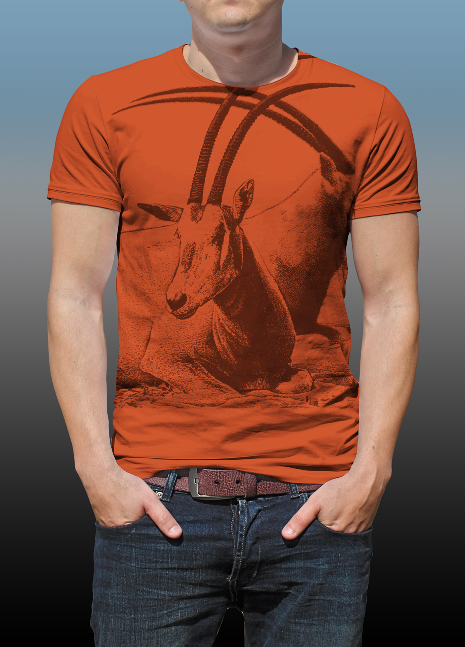 Detail of Orana Park Scimitar horned Oryx mono colour screen print on a burnt orange T-shirt