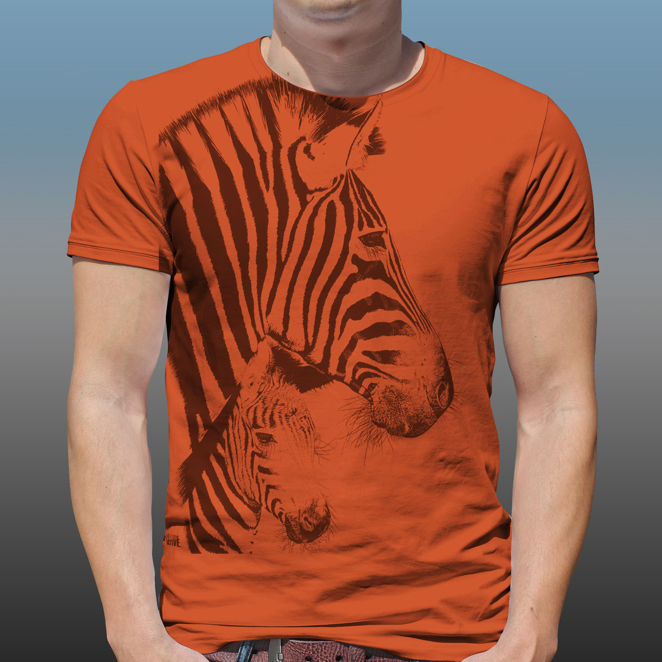 Detail of Orana Park Chapman’s Zebra mono colour screen print on a burnt orange T-shirt