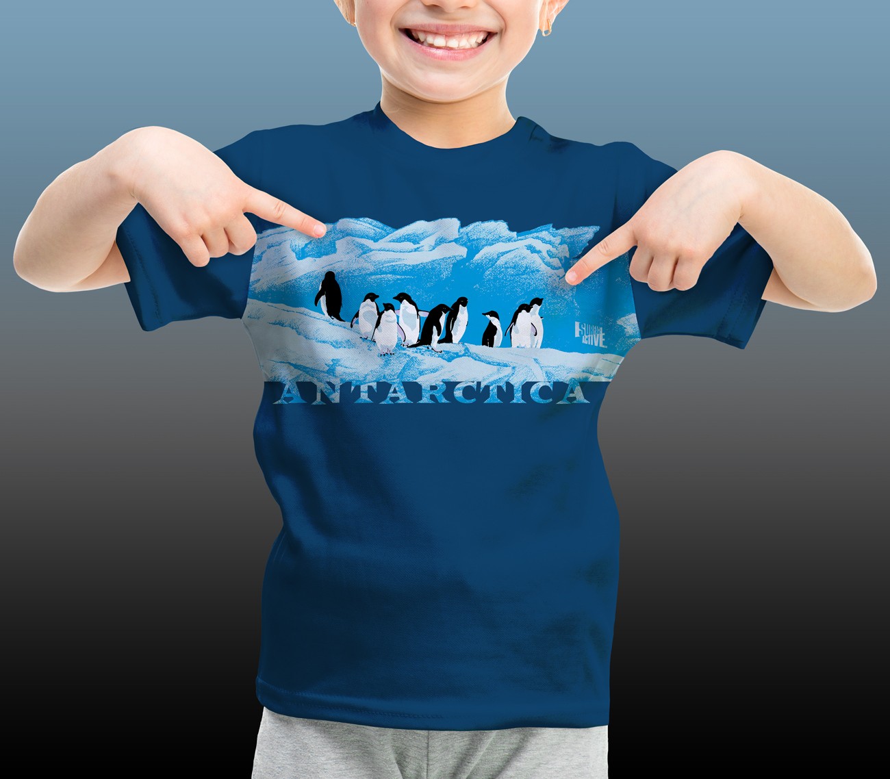 Antarctic Centre Adelies on ice Antarctica design for kids on a dark blue T-shirt