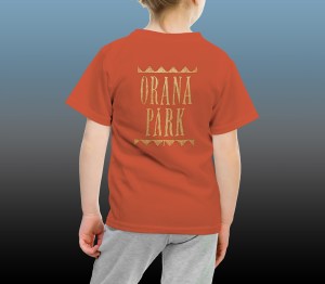 Orana Park kids’ Cheetah screen print on the back of a burnt orange T-shirt