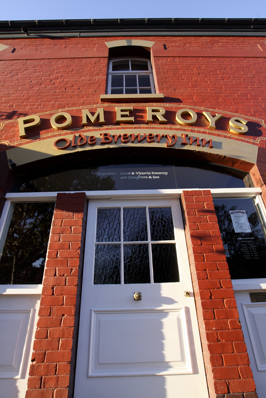 Pomeroy’s Old Brewery Inn front door and signage.