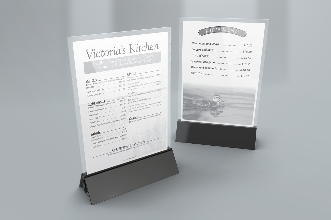 Victoria's Kitchen at Pomeroy’s, seasonal menu table talkers.