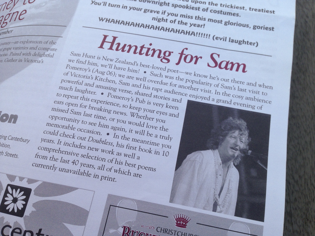 Pomeroy’s Press newsletter, articles about upcoming events, local business advertising.