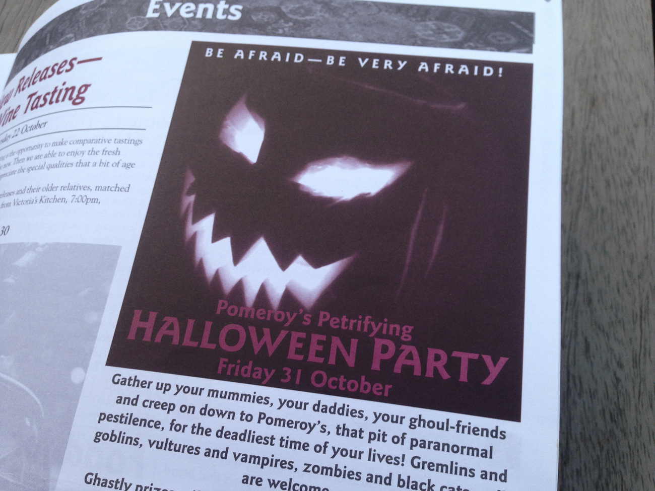 Pomeroy’s Press newsletter, advertisement for upcoming pub events.