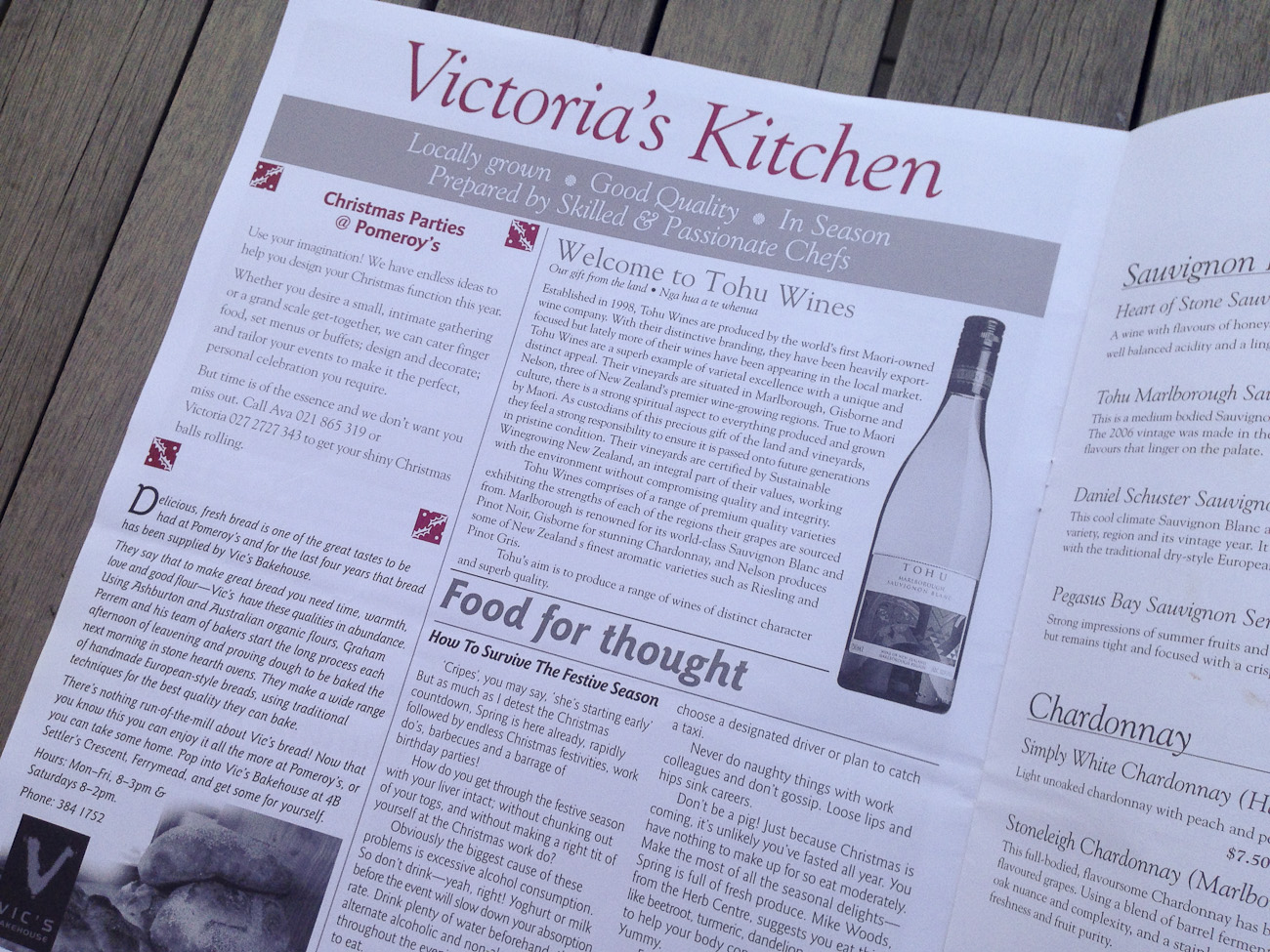 Pomeroy’s Press newsletter, Victoria’s Kitchen wine and food articles and promotions.