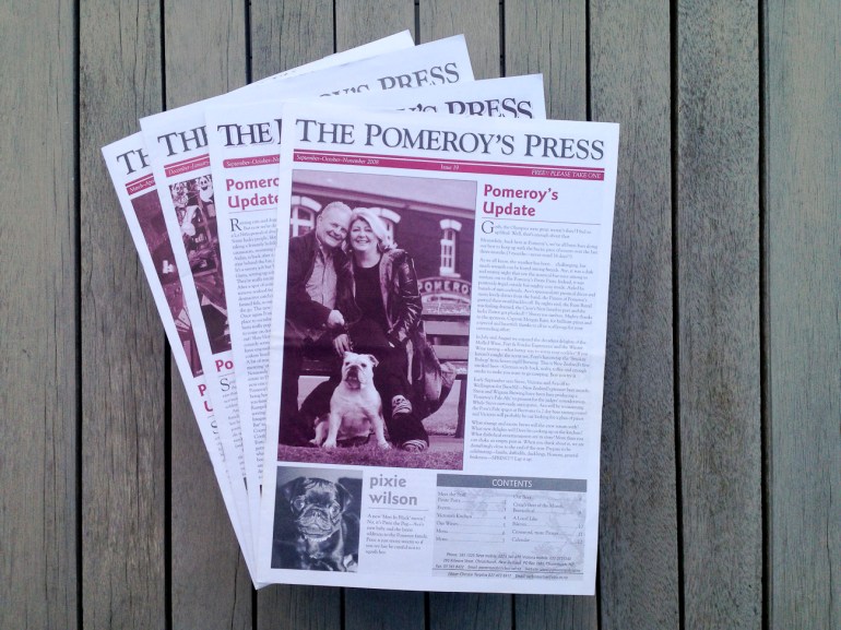 Pomeroy’s Press newsletter front page, masthead, leading article, Pomeroy’s family greeting and list of contents.