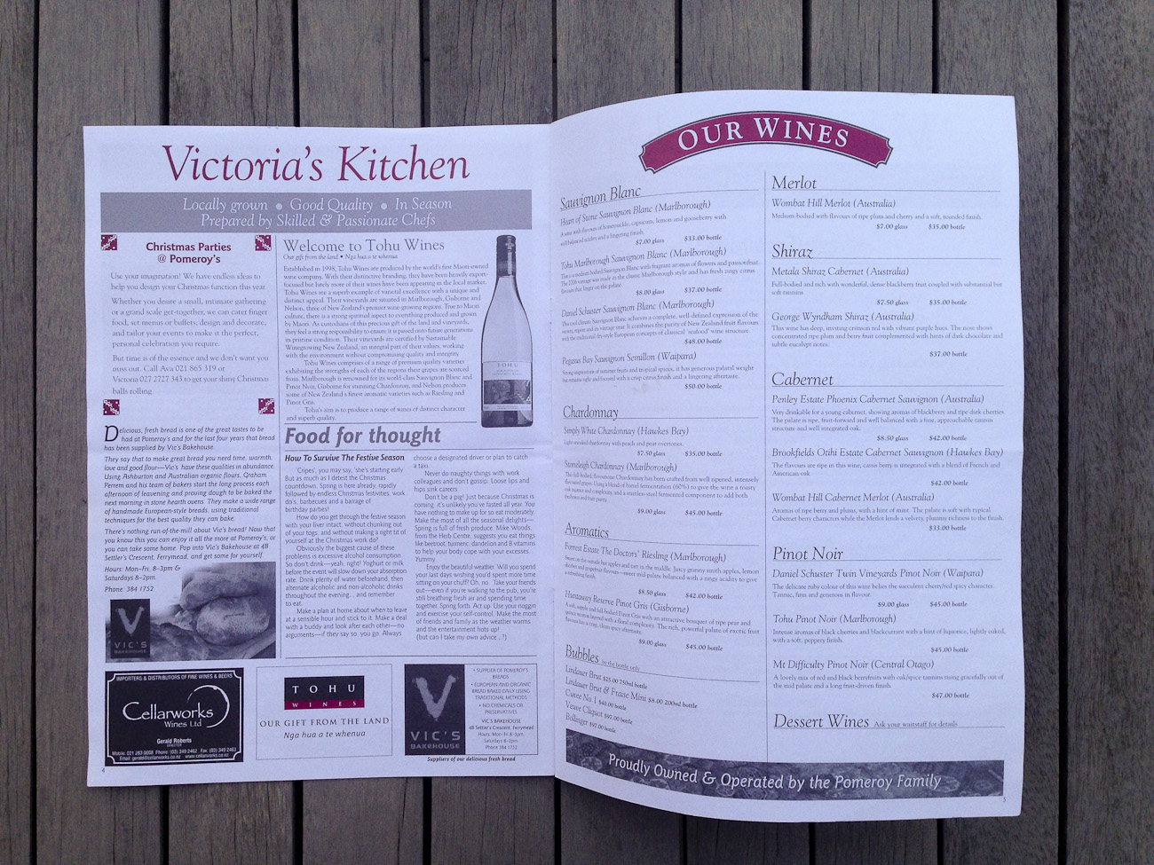 Pomeroy’s Press newsletter, Victoria’s Kitchen wine and food articles and seasonal wine list.