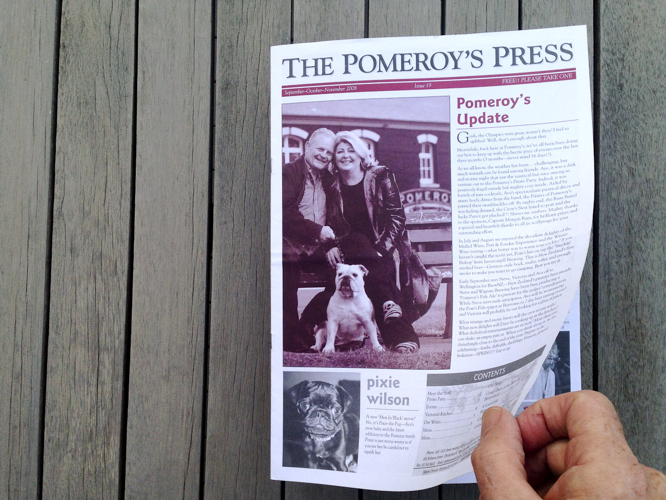 Pomeroy’s Press newsletter front page, masthead, leading article, Pomeroy’s family greeting and list of contents.