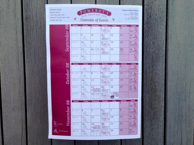 Pomeroy’s Press, 3 month Calendar of Events.