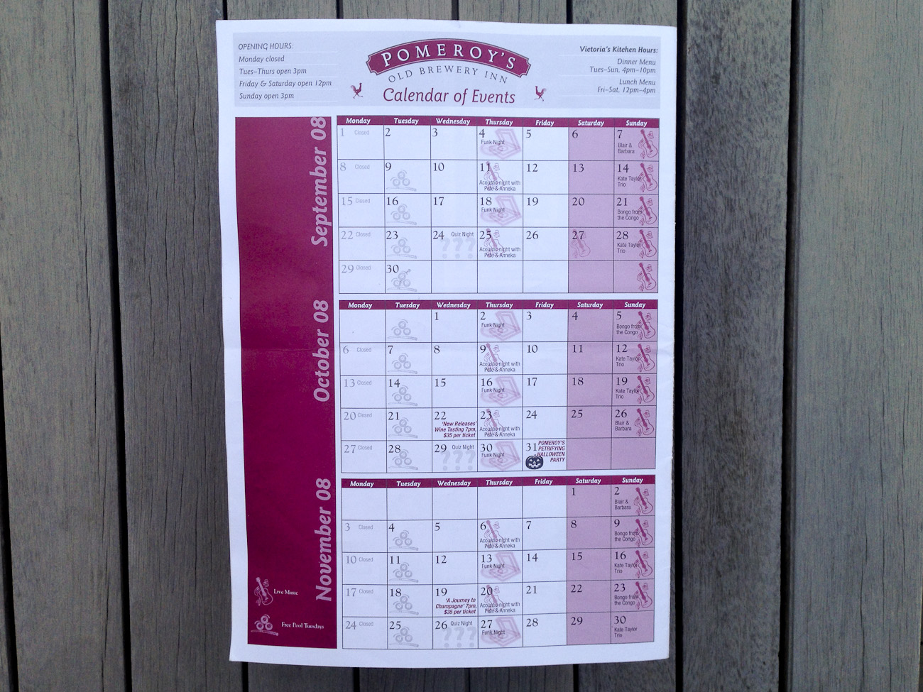 Pomeroy’s Press, 3 month Calendar of Events.