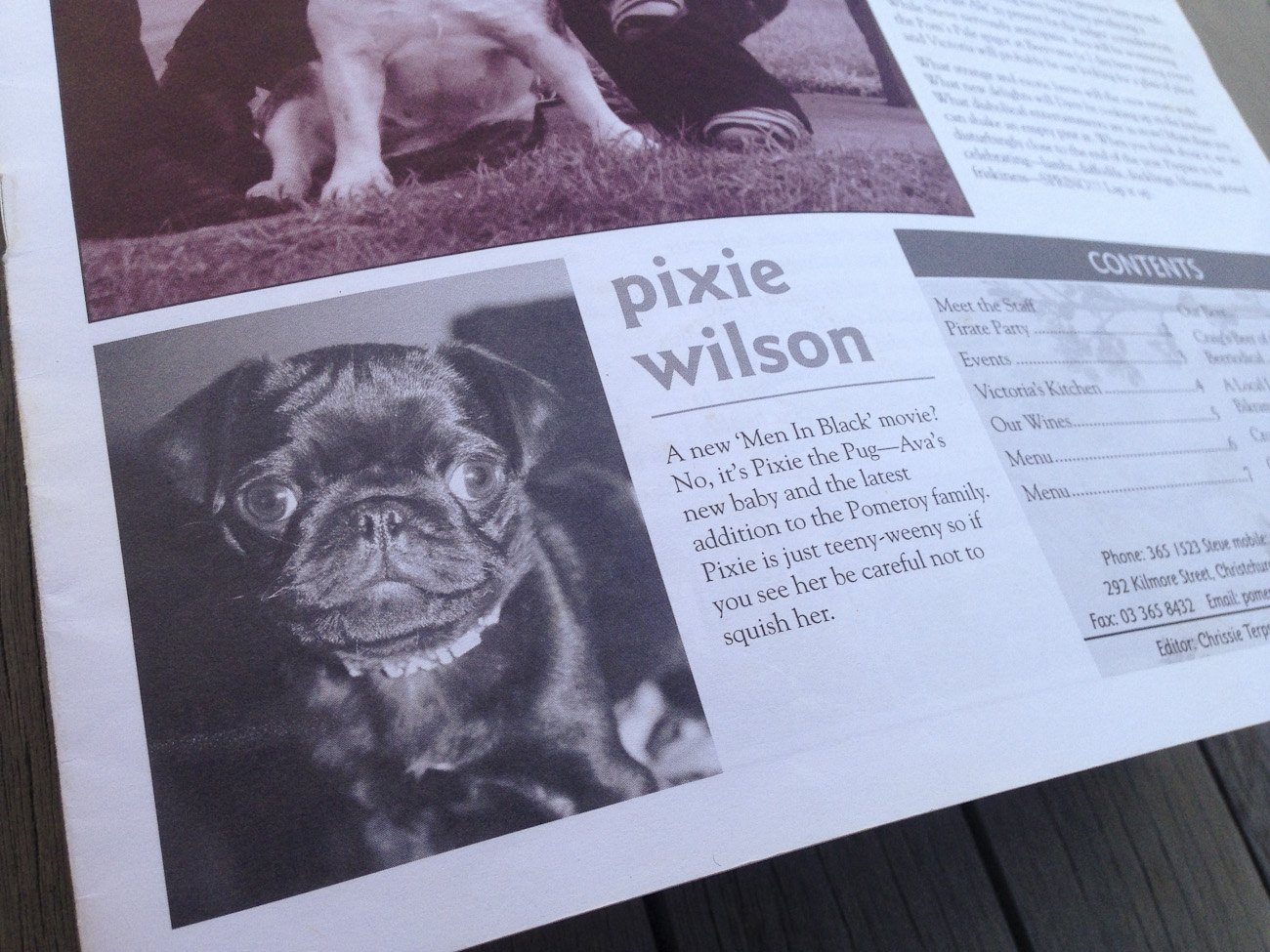 Pomeroy’s Press newsletter front page, masthead, leading article, Pomeroy’s family greeting and list of contents.