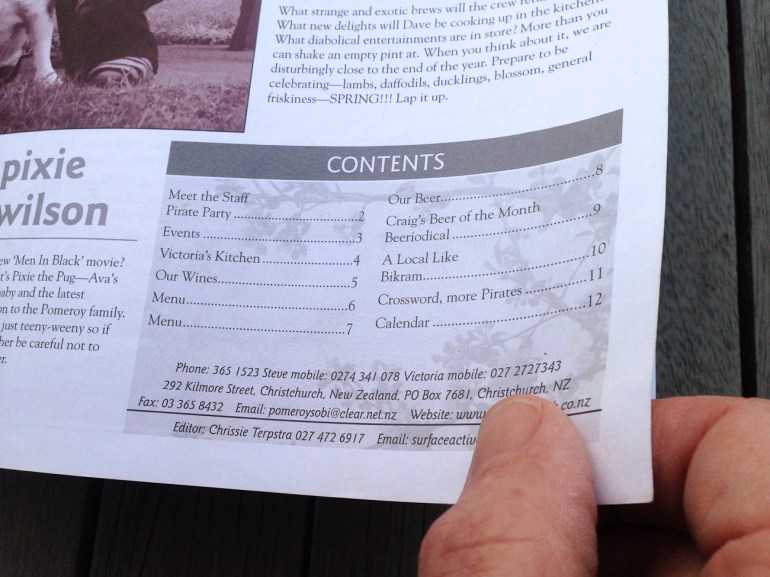 Pomeroy’s Press newsletter front page, list of contents.