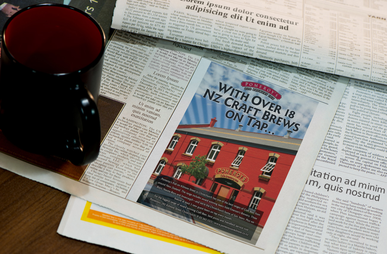 Pomeroy’s Old Brewery Inn, BrewEnz advertisement. Pomeroy’s: With Over 18 NZ Craft Brews On Tap.